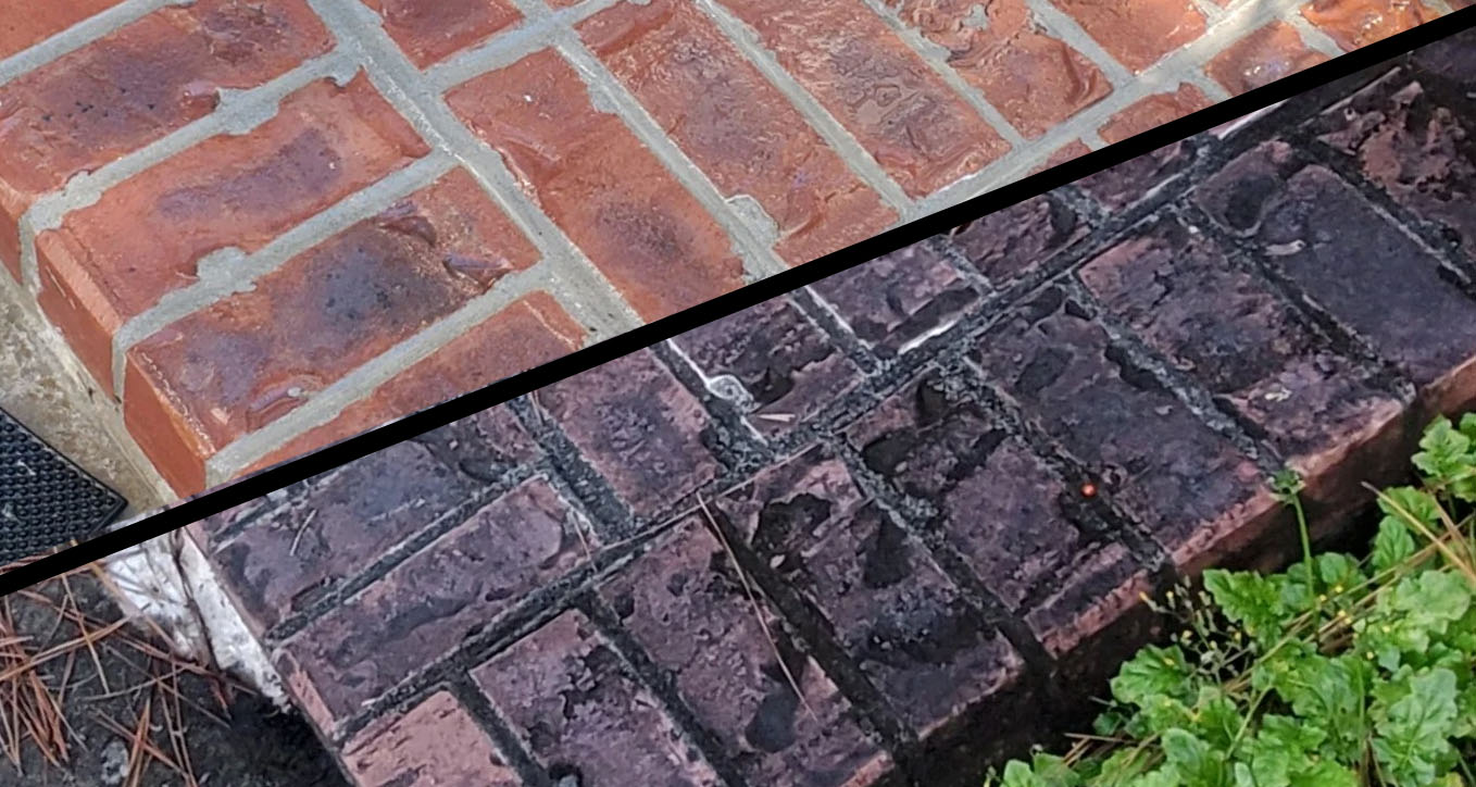 Brick steps before and after professional pressure washing in Woodstock, showing removal of dirt, mold, and stains.