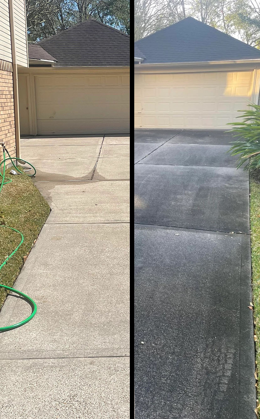 Driveway before and after professional pressure washing in Holly Springs, showing removal of black mold, mildew, and dirt stains.