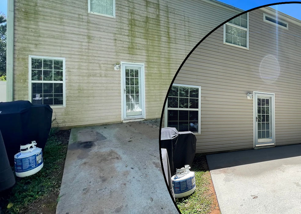 Professional pressure washing transforms a dirty backyard patio and tan vinyl siding