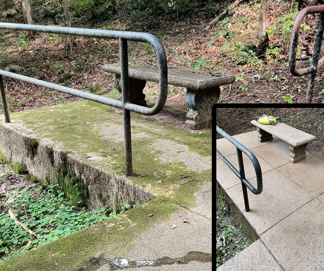 Restoring a park walkway and bench with professional pressure washing, removing slippery moss